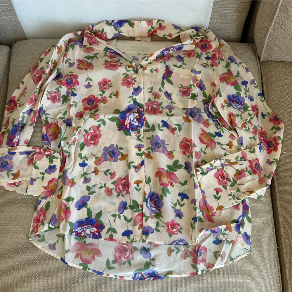 Sezane Florence Shirt Monday Pink Floral Cream Silk FR40/US8 - Picture 5 of 7